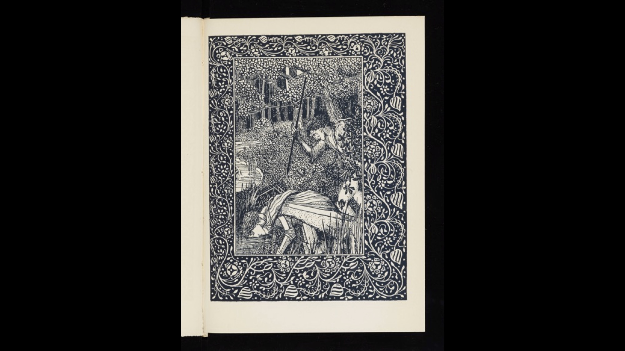 Black and white engraving of a man poised to stab a man in the back who is crouching to drink from a stream