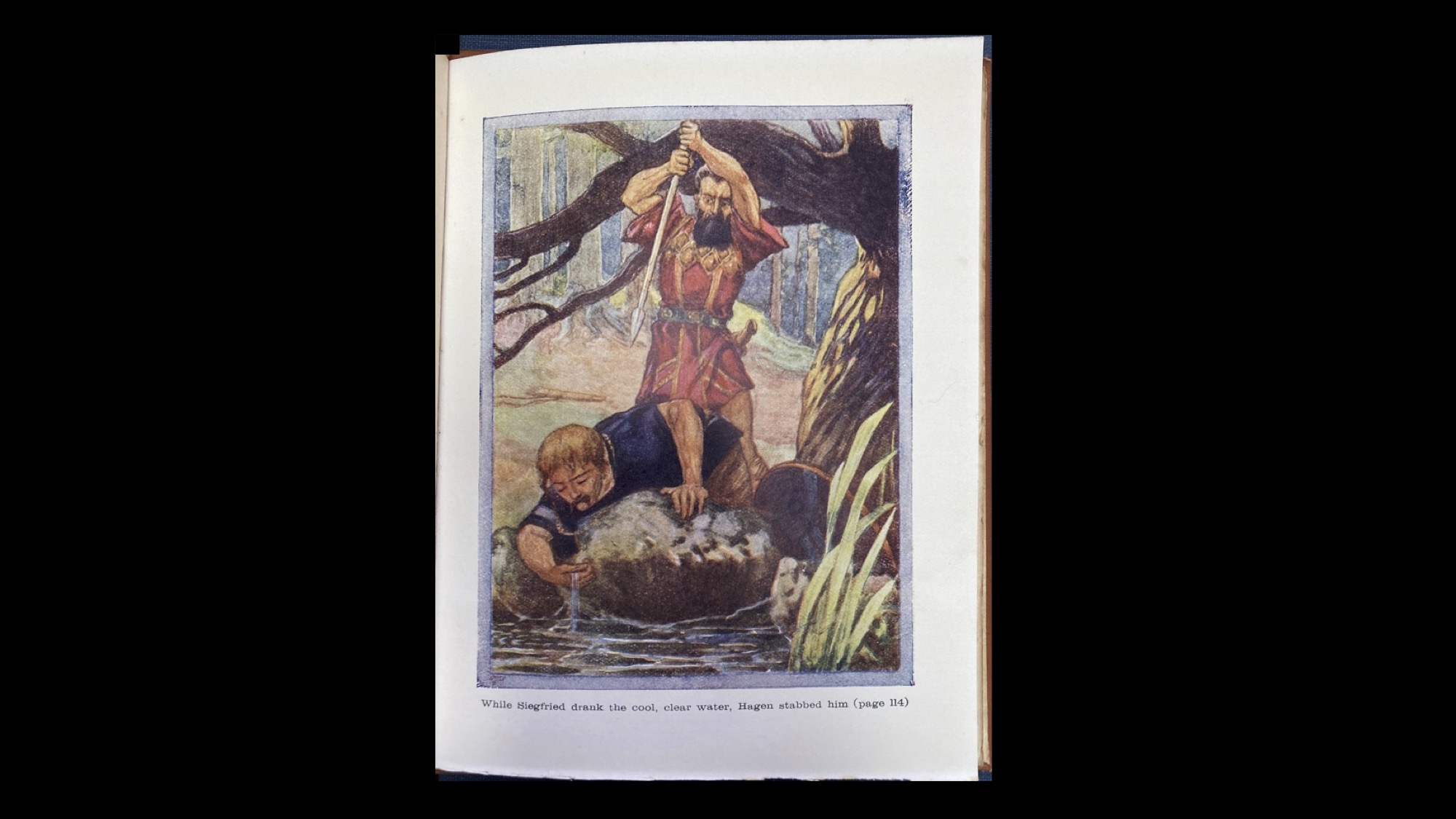 Colour painting of a man raising a spear to stab another man crouched below him, drinking from a stream