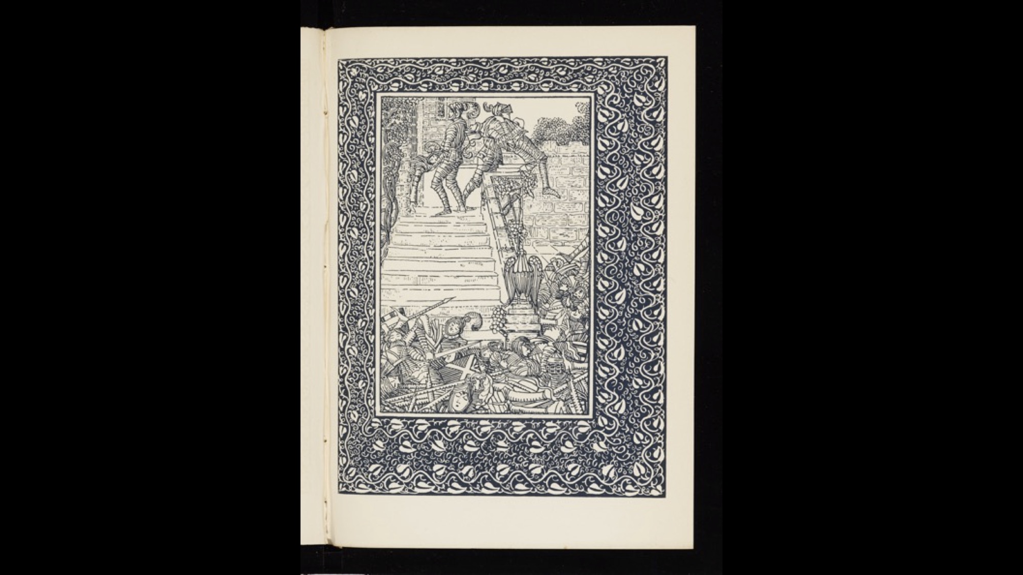 Black and white image of knights throwing corpses of other knights down the stairs on to a pile