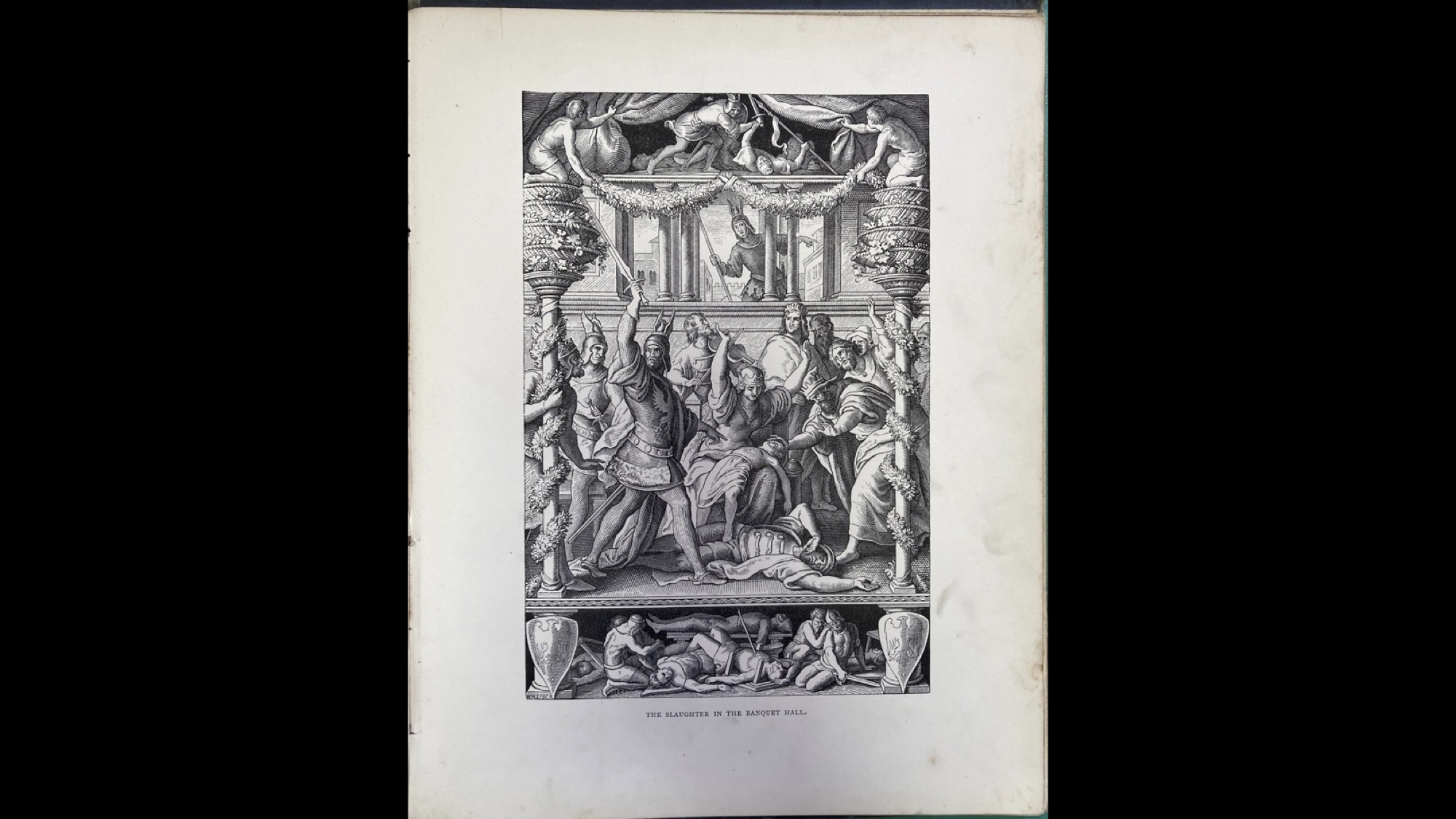 Three panels with top panel showing a knight killing a man; the main panel shows knights, one with a raised sword, gathered around a woman with a dead child on her lap and an adult corpse at her feet; the bottom panel shows knights grieving over dead men
