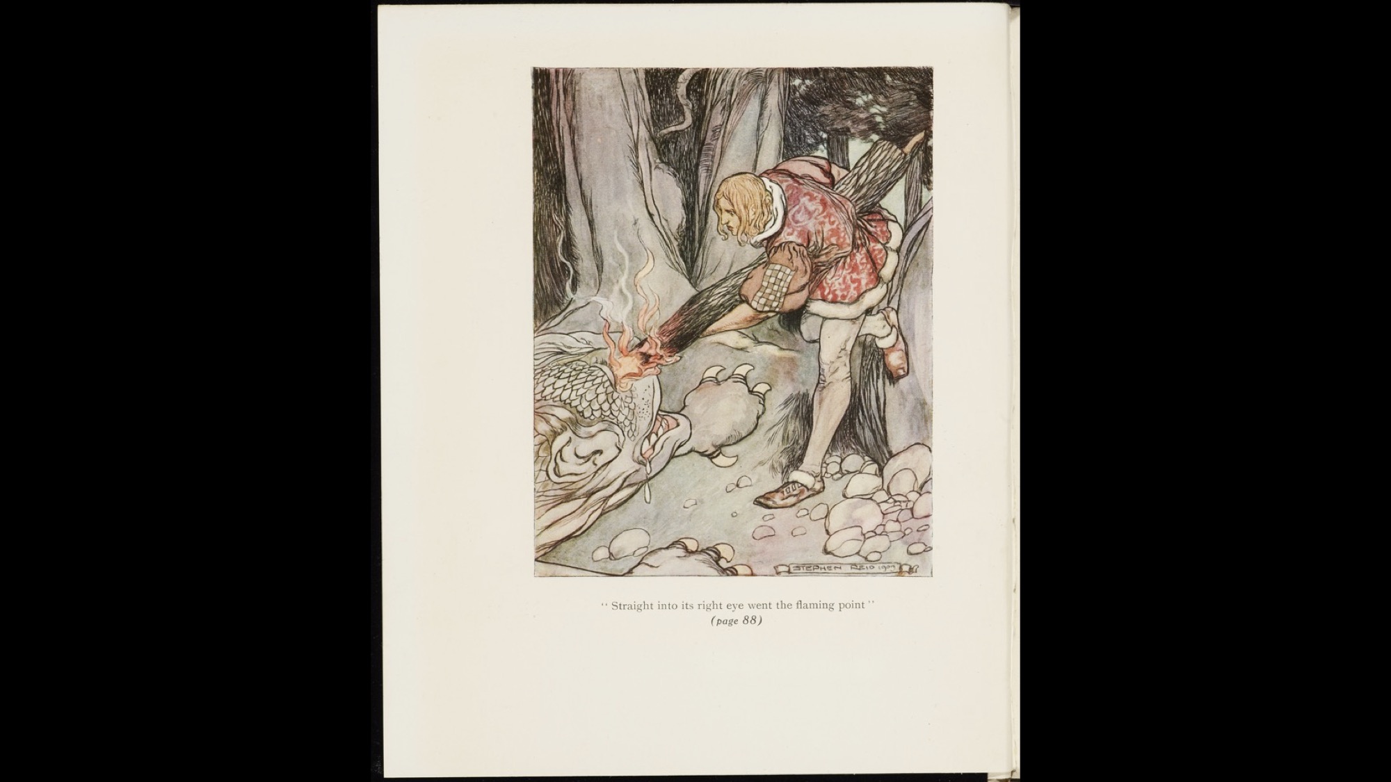 Colour image of a knight thrusting a burning log into a dragon's eye