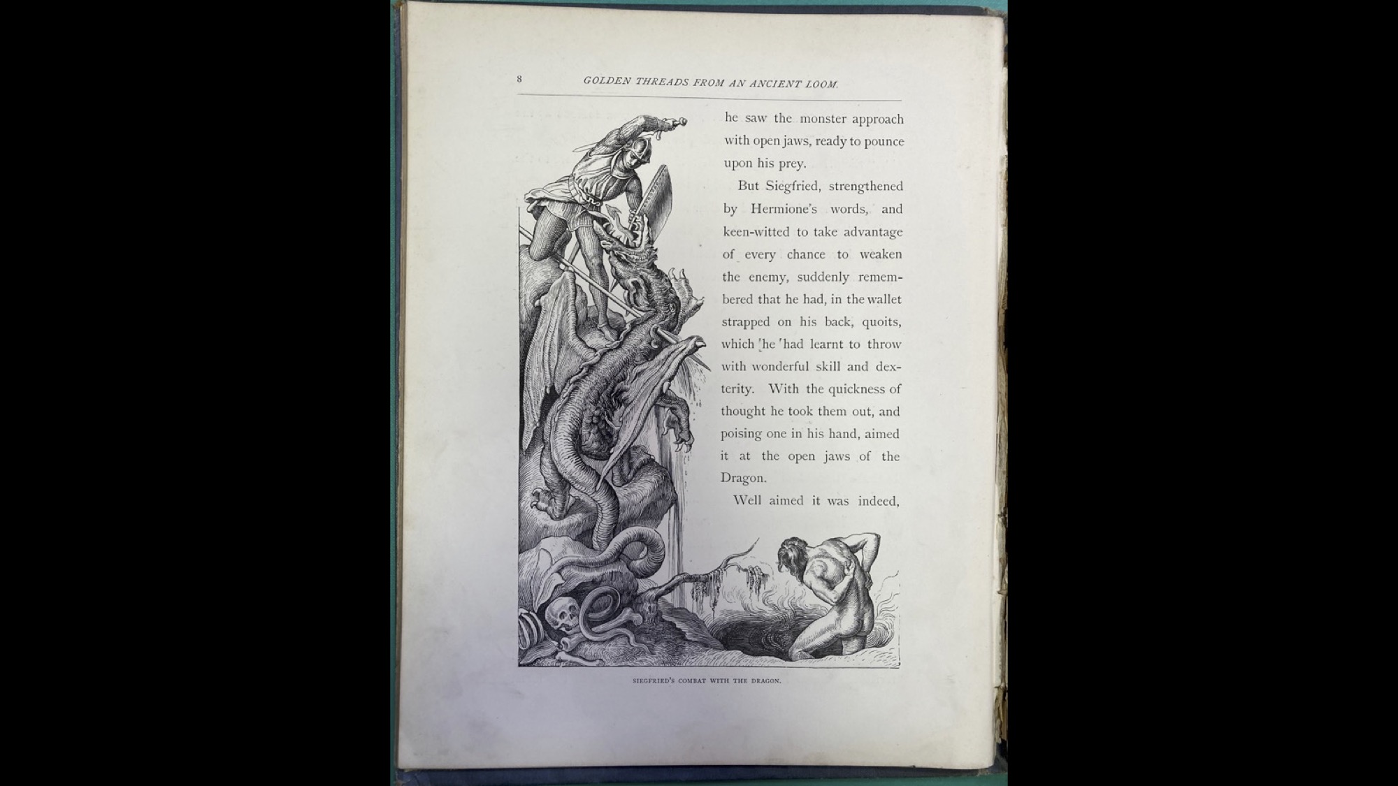 Black and white woodcut of a knight fighting a dragon. A naked man stands in a hole at the bottom. The image forms the left and bottom of a border and there is English text to the right.