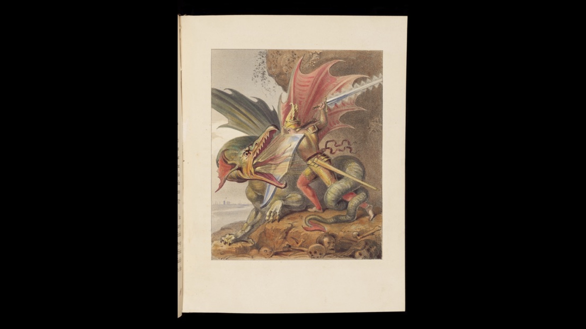 Colour painting of a knight fighting a dragon. There are skulls on the ground.