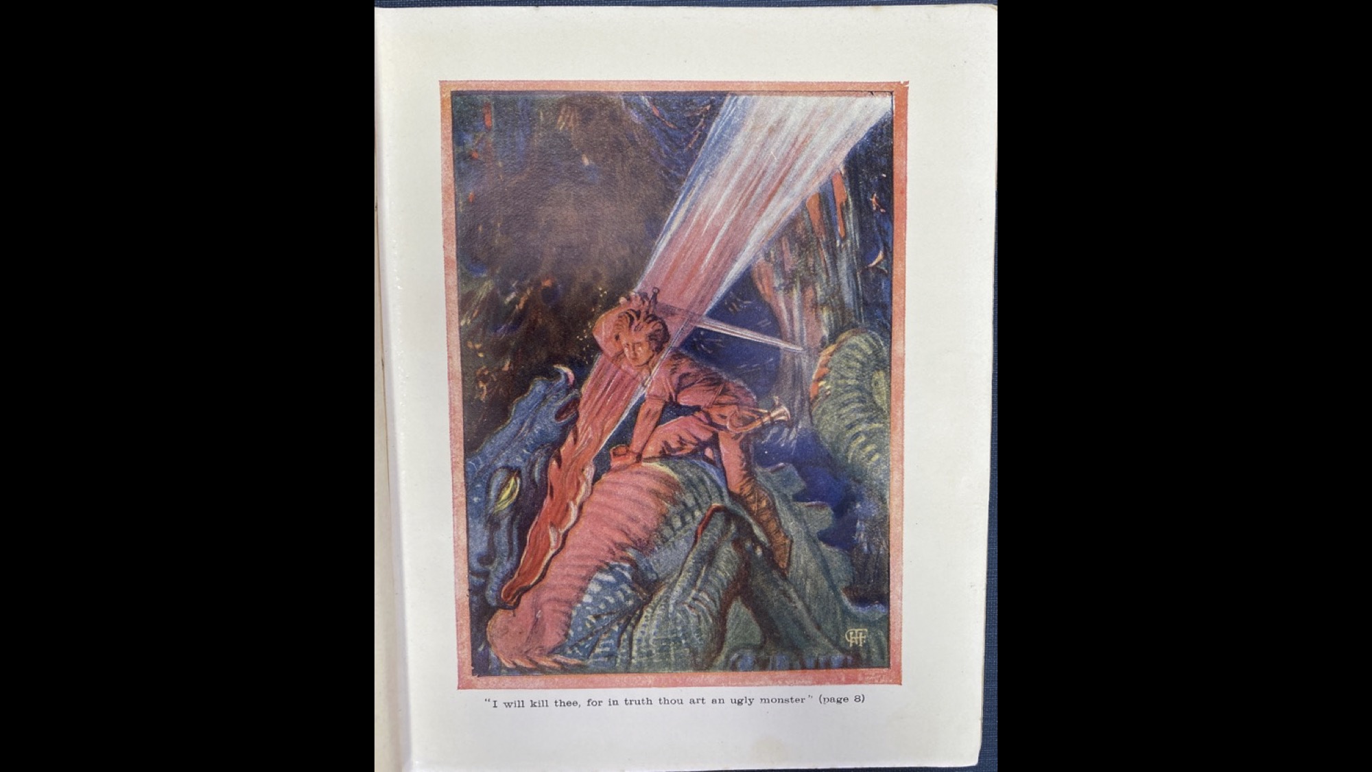 Colour painting: a boy climbs on top of a dragon, about to hit it with his sword, while the dragon roars in his face