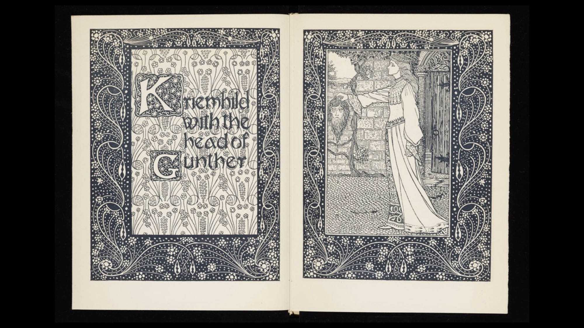 A title on the left reads 'Kriemhild with the head of Gunther' on the left. On the right, a woman in a long dress holds up a bearded severed head.