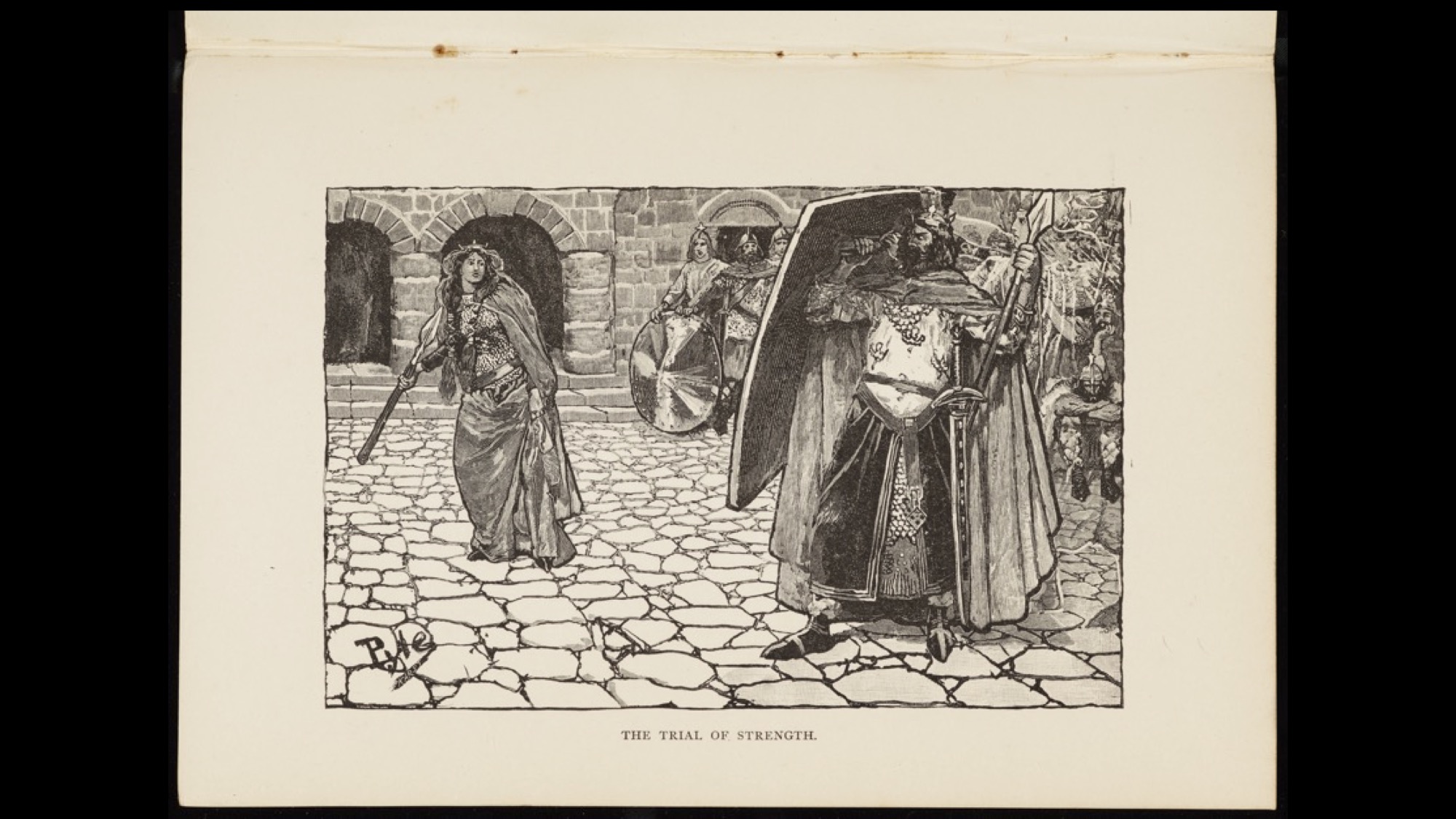 A woman raises a spear, about to throw it towards a shield behind which two men are sheltering. One man is shadowy. 