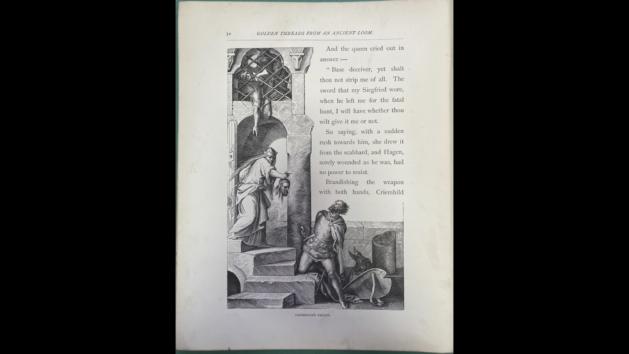 Black and white image of a woman in a crown holding out a severed head towards a chained prisoner in a dungeon. There is English prose to the right-hand side.