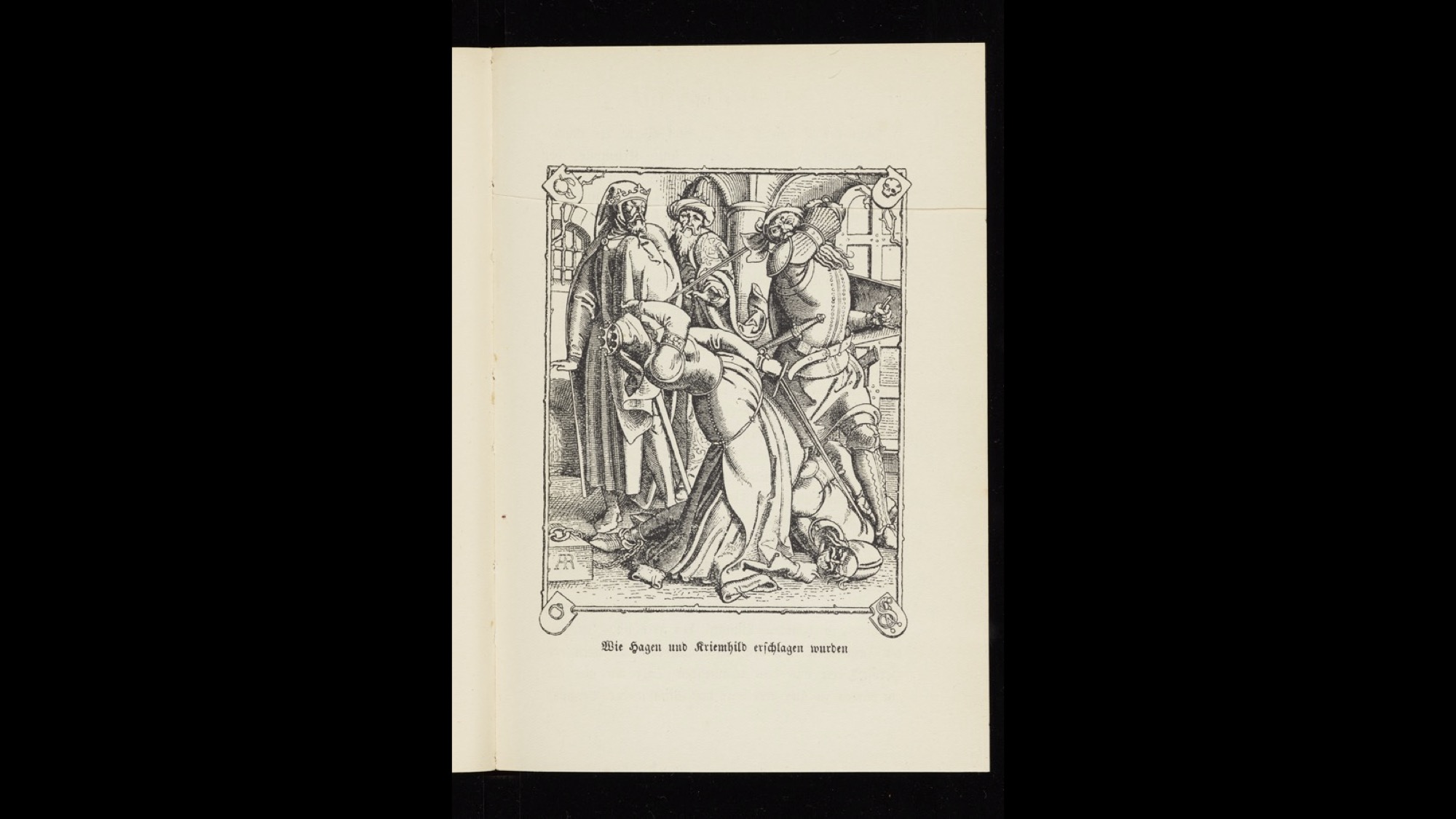 Black and white woodcut. A knight raises his sword against a woman also with a sword, who is putting her hand up to her face to defend herself. There is a corpse at her feet.