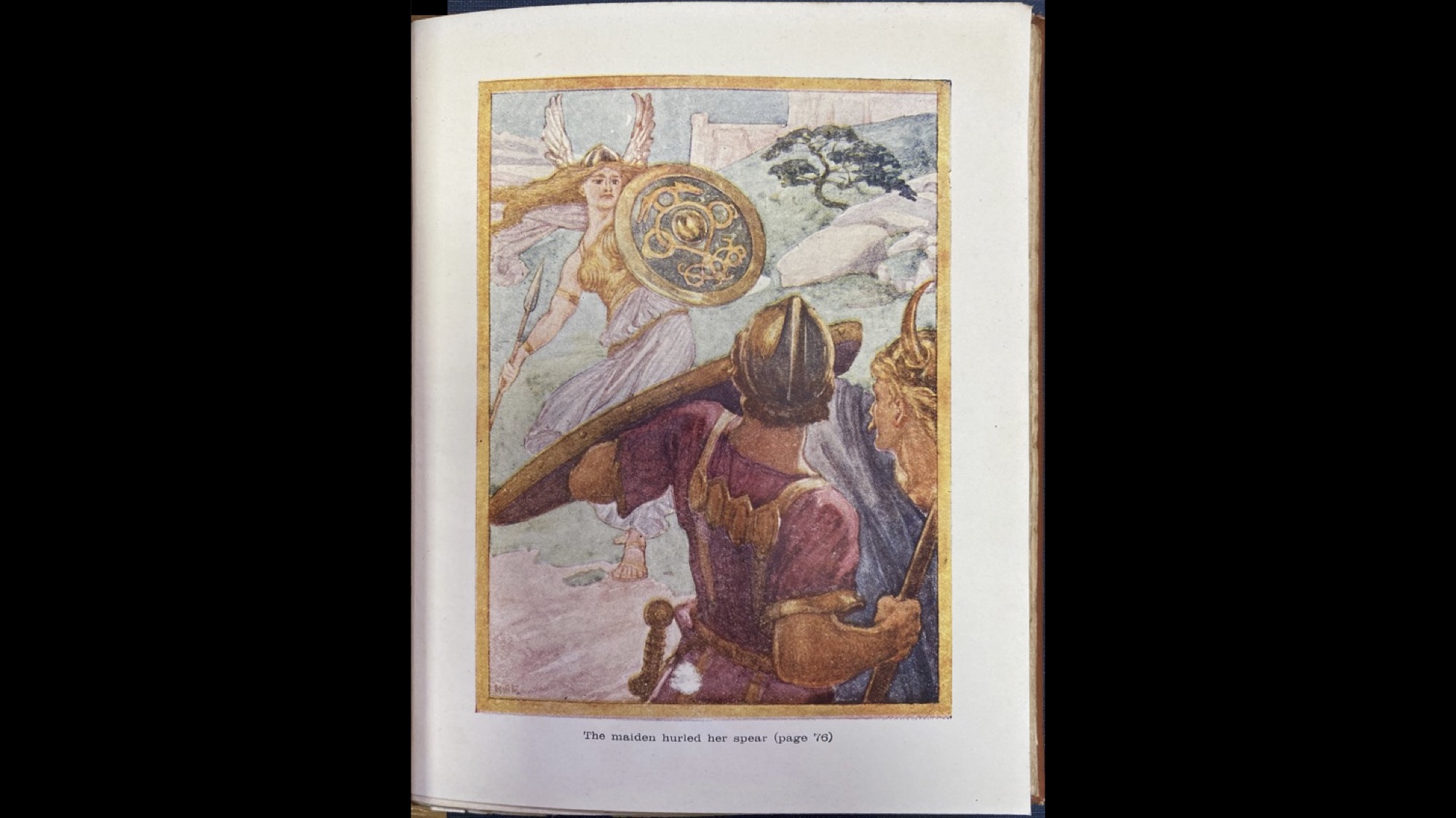 Colour painting: a woman in a winged helmet and floaty dress is poised to throw a spear towards two men, who are behind a small shield
