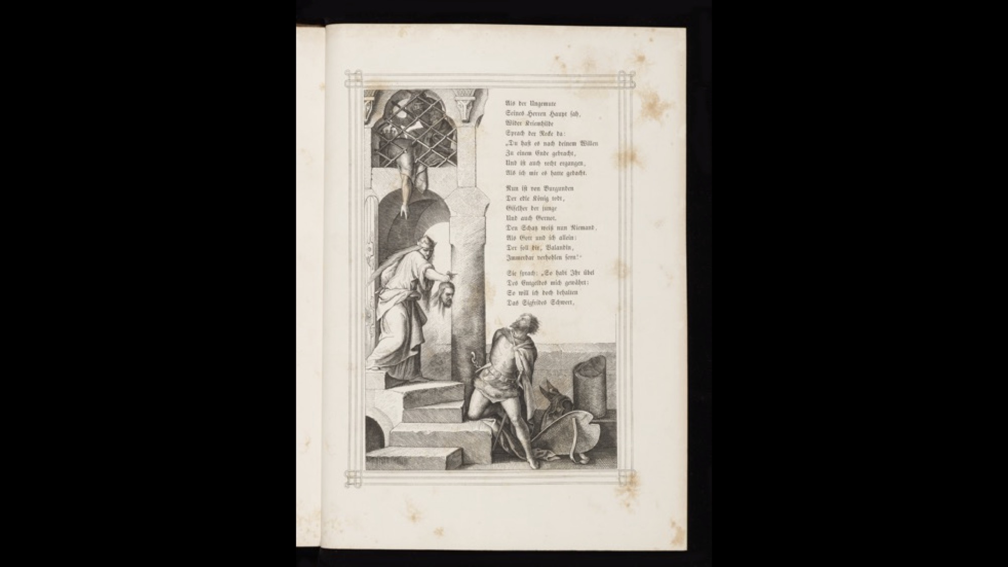 Black and white image of a woman in a crown holding out a severed head towards a chained prisoner in a dungeon. There is German verse to the right-hand side, printed in Fraktur.